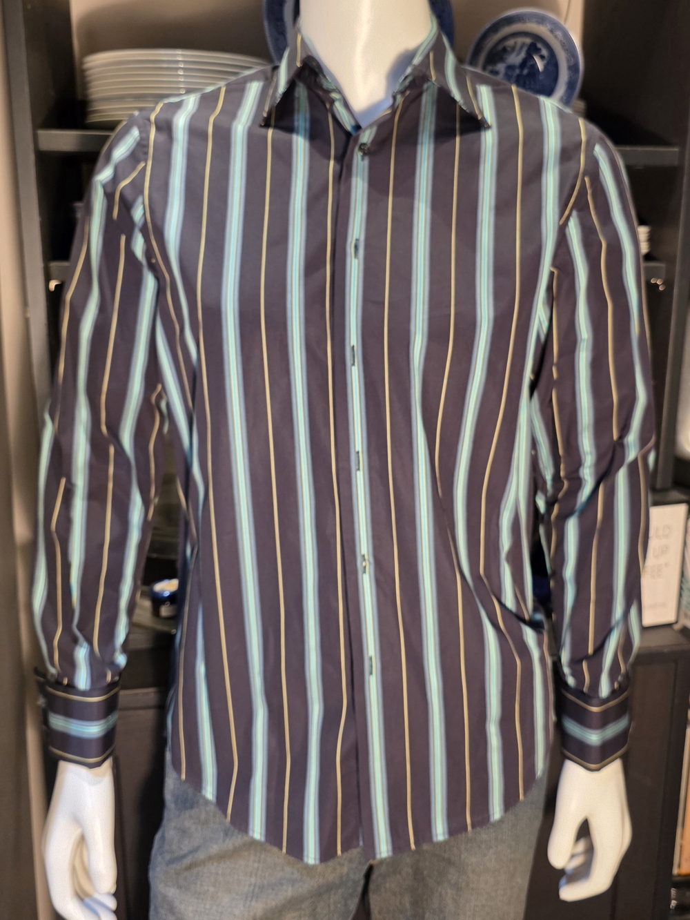 INC Men's Striped Button-Down Shirt in Navy and Teal